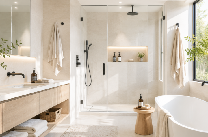 Bright hotel-style bathroom with glass shower, floating vanity and natural light showing practical home bathroom design details