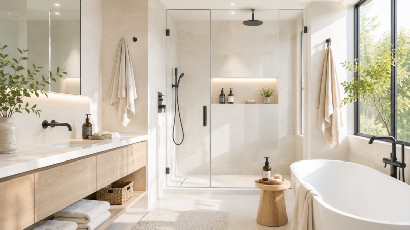 Bright hotel-style bathroom with glass shower, floating vanity and natural light showing practical home bathroom design details